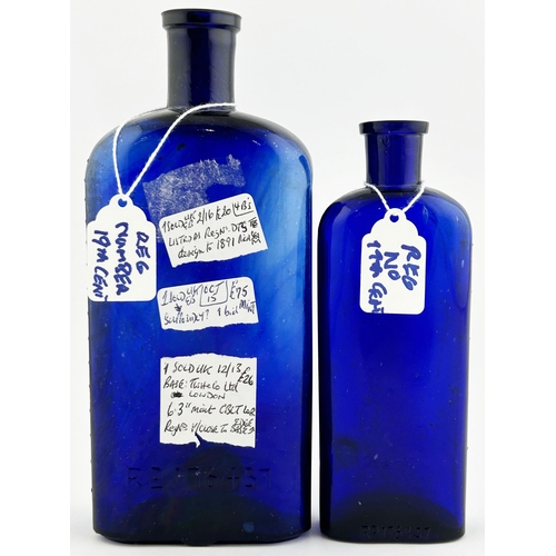 38 - POISON BOTTLE DUO. Tallest 7.75ins. Cobalt blue glass. Unlisted in DP. Regd date is 1891. Each side ... 