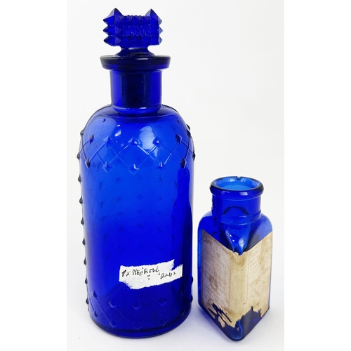 46 - AMERICAN TYPE POISON BOTTLES DUO. (DP p69) Tallest 6.25ins. Cobalt blue, cylinder covered in a diamo... 