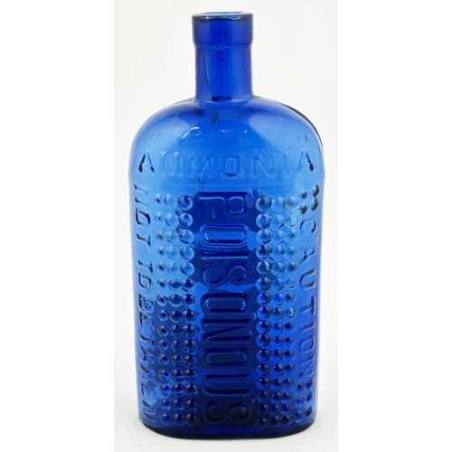 8 - AMMONIA POISON BOTTLE. (DP p123 AG-2, type 2). 6.3ins tall. Bright blue glass. Rectangular dispensin... 