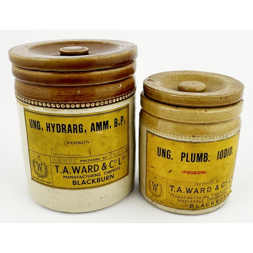 10 - BLACKBURN CHEMISTS JARS. Tallest 5.ins tall. Pair of t.t. lidded jars, each with label for T A Ward/... 