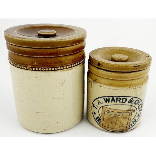 10 - BLACKBURN CHEMISTS JARS. Tallest 5.ins tall. Pair of t.t. lidded jars, each with label for T A Ward/... 