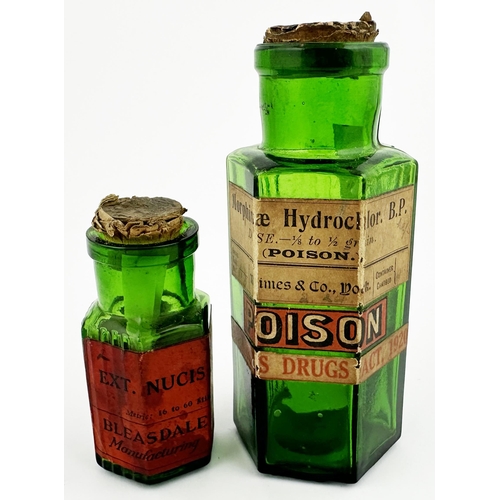 12 - YORK LABELLED POISON BOTTLE DUO. Tallest 4.75ins. Green glass, hexagonal, wide mouths. Various label... 