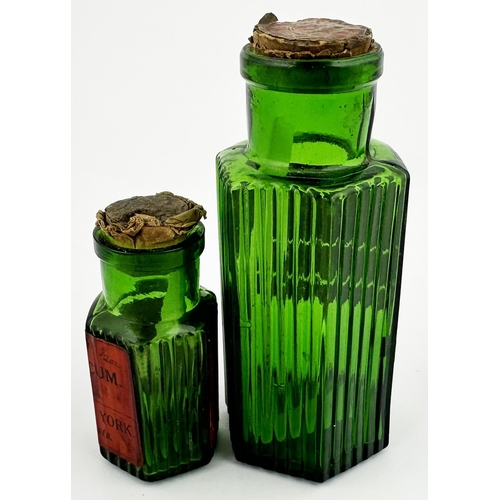 12 - YORK LABELLED POISON BOTTLE DUO. Tallest 4.75ins. Green glass, hexagonal, wide mouths. Various label... 