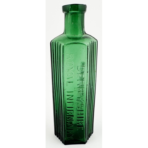 14 - DERBYSHIRE ROYAL INFIRMARY POISON BOTTLE. 5.7ins tall. Emerald green hexagonal, square lip. Embossed... 