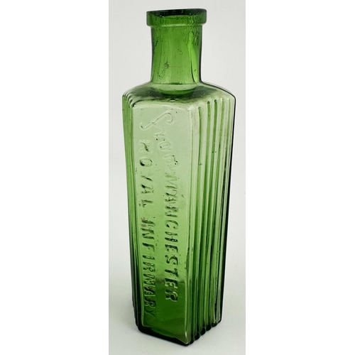 17 - MANCHESTER ROYAL INFIRMARY POISON BOTTLE. (DP p100, hex 27-27b). 6.2ins tall. Bright green hexagonal... 