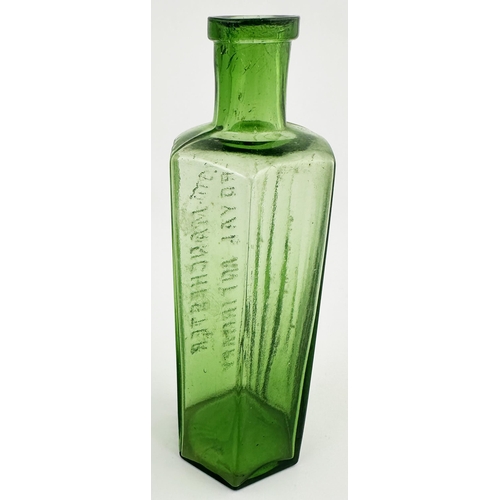 17 - MANCHESTER ROYAL INFIRMARY POISON BOTTLE. (DP p100, hex 27-27b). 6.2ins tall. Bright green hexagonal... 