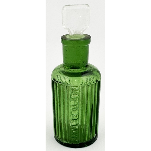 2 - BAILEY POISON BOTTLE. 3.8ins tall. (DP p67). Green glass cylinder, chunky clear glass chisel stopper... 