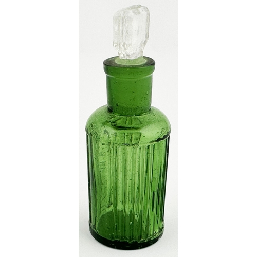 2 - BAILEY POISON BOTTLE. 3.8ins tall. (DP p67). Green glass cylinder, chunky clear glass chisel stopper... 