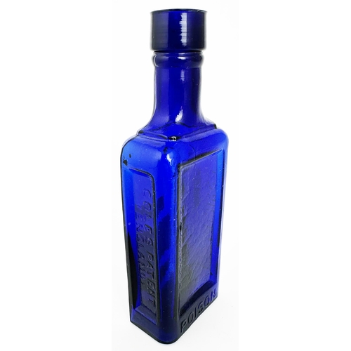 20 - COLES PATENT EMBROCATION POISON BOTTLE. 6ins tall. (DP p39) Cobalt blue, rectangular with sunken pan... 