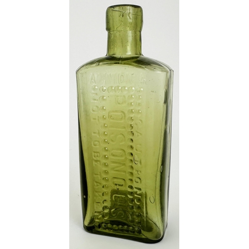 26 - AMMONIA POISON BOTTLE. 5.25ins tall. (DP p123) Light green, rectangular shape with domed studs & emb... 