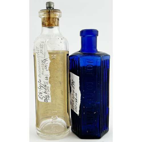 34 - HONG KONG POISON BOTTLE DUO. Tallest 5ins. Paper labels, one embossed KWAN LOONG & CO LTD. Worn. (2)