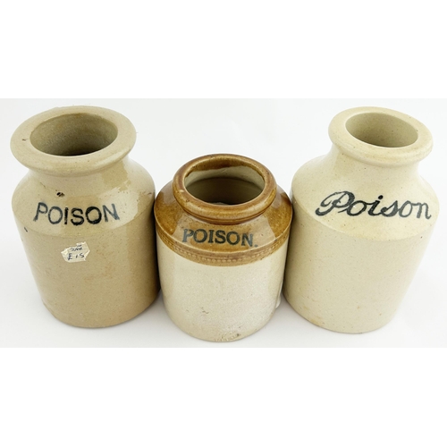 35 - STONEWARE POISON MUSTARD JAR TRIO. (DP p74)Tallest 5.5ins. Stoneware jars with black POISON to front... 