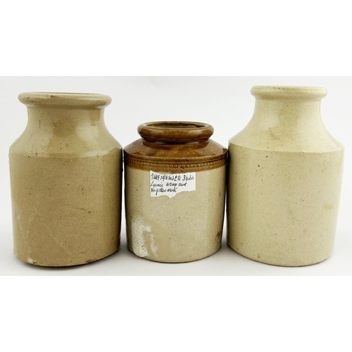 35 - STONEWARE POISON MUSTARD JAR TRIO. (DP p74)Tallest 5.5ins. Stoneware jars with black POISON to front... 