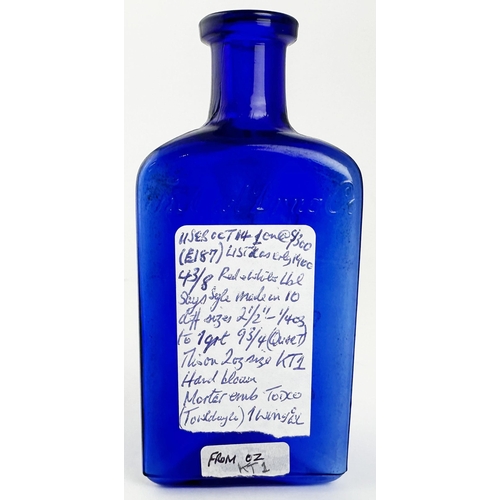 40 - THE OWL DRUG CO POISON BOTTLE. 5ins tall. Cobalt blue glass, triangular shape, embossed to all three... 