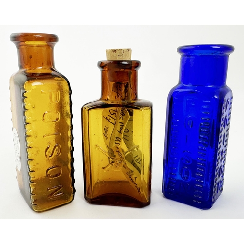 42 - POISON BOTTLE TRIO. Tallest 2.75ins. American poisons, one featuring embossed skull other with POISO... 