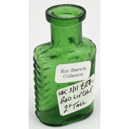 100 - FOULSTONS CRESCENT POISON BOTTLE. (DP p57, SF1). 2.3ins tall. Bright emerald green, lovely neck top ... 