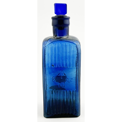 54 - ADMIRAL POISON BOTTLE. (DP p149) 6.5ins tall. Cobalt blue, square bodied with embossed arrow & capac... 