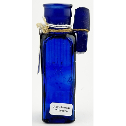 55 - NAVAL POISON BOTTLE. (DP P149) 3.5 ins tall. Cobalt blue, square bodied with embossed arrow & capaci... 