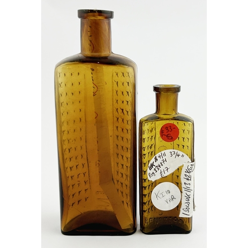 59 - LEWIS & TOWERS POISON BOTTLE DUO. Tallest 5.5ins. Amber glass, cross pattern to body with embossed s... 