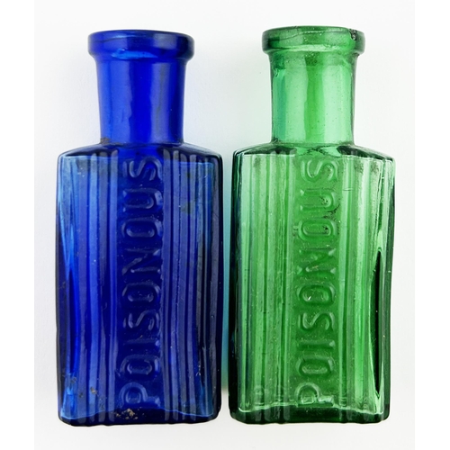 65 - DISPENSING BOTTLE DUO. Tallest 2.25ins. Cobalt blue & green glass, vertically ribbed with embossed s... 