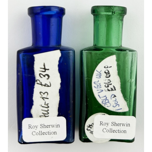 65 - DISPENSING BOTTLE DUO. Tallest 2.25ins. Cobalt blue & green glass, vertically ribbed with embossed s... 