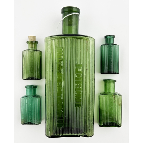 67 - POISON BOTTLE GROUP. Tallest 6.5ins. Green glass, rectangular shape, various sizes, vertically ribbe... 