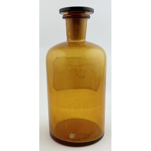 68 - SHOP CHEMIST ROUND. 8.5ins tall. Amber glass, enamelled label to front KARBOLSAURE/ GHEM REIN VERFLU... 