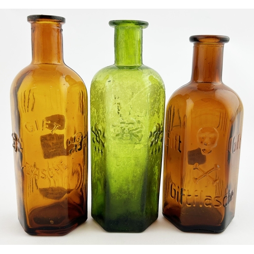 69 - GIFT FLASCHE POISON BOTTLE TRIO. Tallest 4.8ins. Embossed with skull & cross bones & GIFT/ FLASCHE. ... 