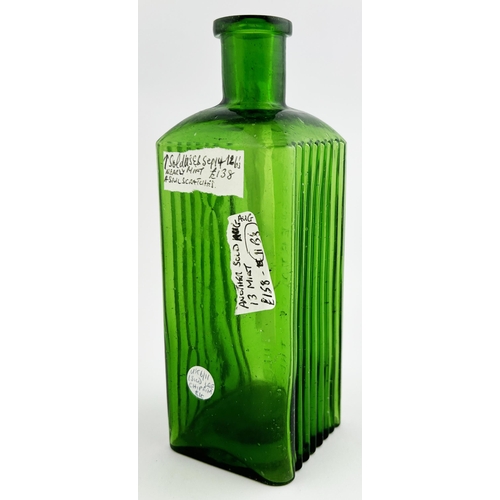 70 - SHEFFIELD CORPORATION POISON BOTTLE. (DP p120) 6.5ins tall. Green glass, square bodied, embossing to... 