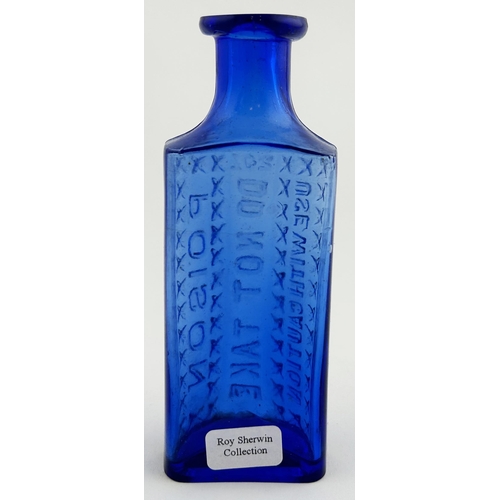 74 - AMERICAN POISON BOTTLE. 4ins tall. Heavily embossed with lettering & cross type symbols. 2oz/ POISON... 