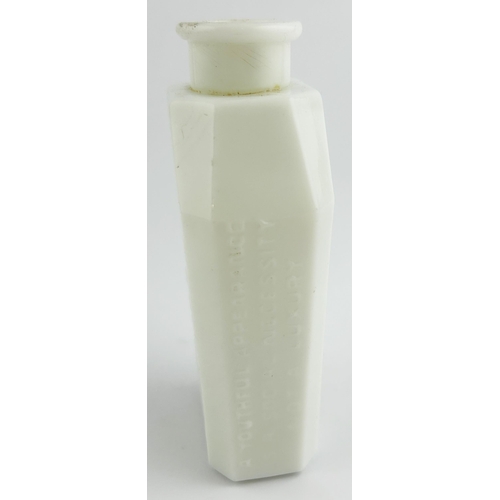 79 - DR ORESTE SINANIDES MEDICAL PREPARATION BOTTLE. (DP p20) 4.5ins tall. Milk glass, embossed to three ... 