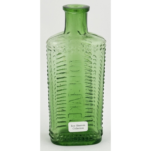 96 - FOULSTONS CRESCENT POISON BOTTLE. (DP p57, SF1). 5.1ins tall. Mid emerald green. Crescent section sh... 