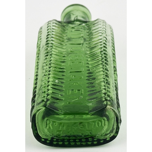 96 - FOULSTONS CRESCENT POISON BOTTLE. (DP p57, SF1). 5.1ins tall. Mid emerald green. Crescent section sh... 