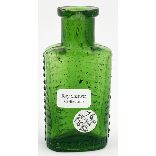 99 - FOULSTONS CRESCENT POISON BOTTLE. (DP p57, SF1). 3ins tall. Bright emerald green. Crescent section s... 