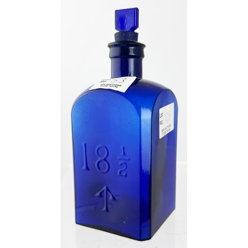 53 - ADMIRAL POISON BOTTLE. (DP p149) 6.5ins tall. Cobalt blue, square bodied with embossed 18 1/2 arrow ... 