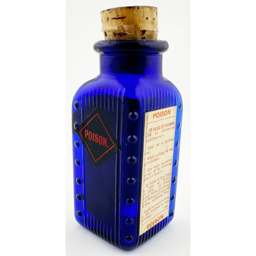 83 - BURROUGHS TRIANGLE POISON. (DP p64) 4ins tall. Cobalt blue, paper labels with stopper. Wear to label... 