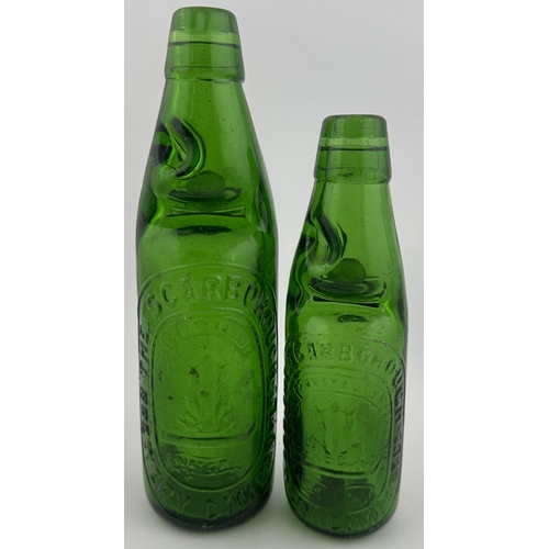 430 - SCARBOROUGH BREWERY CODD BOTTLE DUO. Tallest 9ins. 10 & 6oz. Bright vivid green glass. Embossed THE ... 