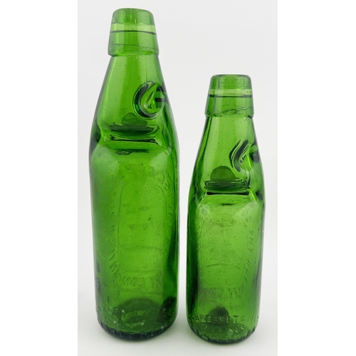 430 - SCARBOROUGH BREWERY CODD BOTTLE DUO. Tallest 9ins. 10 & 6oz. Bright vivid green glass. Embossed THE ... 