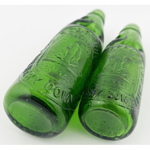 430 - SCARBOROUGH BREWERY CODD BOTTLE DUO. Tallest 9ins. 10 & 6oz. Bright vivid green glass. Embossed THE ... 