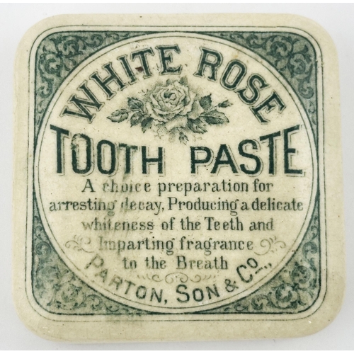 432 - WHITE ROSE TOOTH PASTE LID & BASE. 2.75ins diam. Green transfer. Rose pict to centre. PARTON SON & C... 