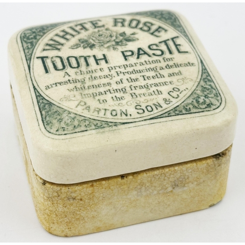 432 - WHITE ROSE TOOTH PASTE LID & BASE. 2.75ins diam. Green transfer. Rose pict to centre. PARTON SON & C... 