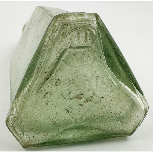 435 - CROSSE & BLACKWELL DIAMOND REG SAUCE BOTTLE. 6.75ins. Aqua, triangular shaped with chaffered corners... 