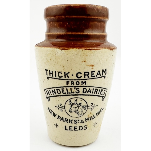 440 - HINDELLS DAIRIES LEEDS CREAM POT. 4ins tall. Dark brown top, lower off white. Unusual square lip, sm... 