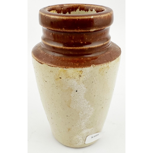 440 - HINDELLS DAIRIES LEEDS CREAM POT. 4ins tall. Dark brown top, lower off white. Unusual square lip, sm... 