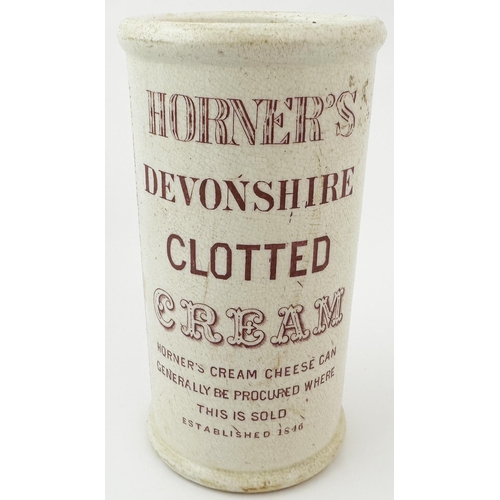 442 - HORNERS DEVONSHIRE CLOTTED CREAM CYLINDER. 4.7ins tall, straight sided cylinder with good red transf... 