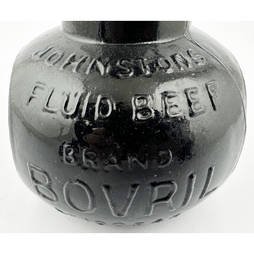 449 - BOVRIL BOTTLE WITH METAL TOP. 4.5ins tall. Very dark embossed bottle JOHNSTONS/ FLUID BEEF/ BRAND/ B... 