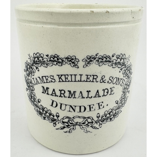 450 - JAMES KEILLER & SONS MARMALADE JAR. 3.6ins tall. White with black transfer. JAMES KEILLER & SONS/ MA... 