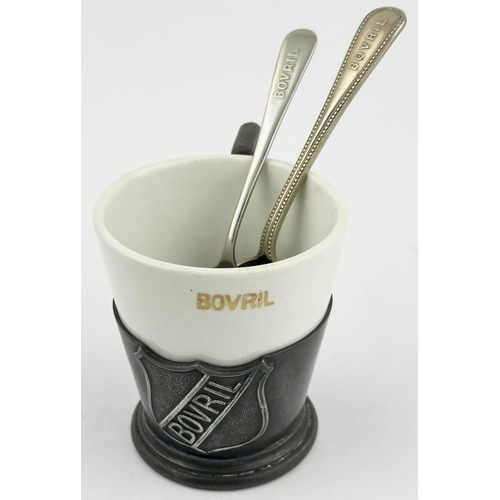 451 - BOVRIL CUP WITH HOLDER & SPOONS. 3.5ins tall. Metal holder, porcelain cup & advertising spoons. Reg ... 