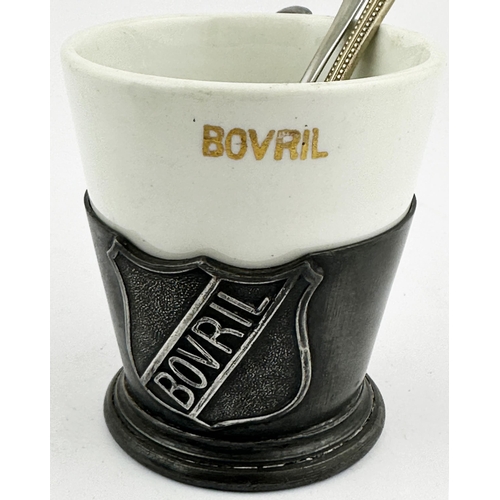 451 - BOVRIL CUP WITH HOLDER & SPOONS. 3.5ins tall. Metal holder, porcelain cup & advertising spoons. Reg ... 