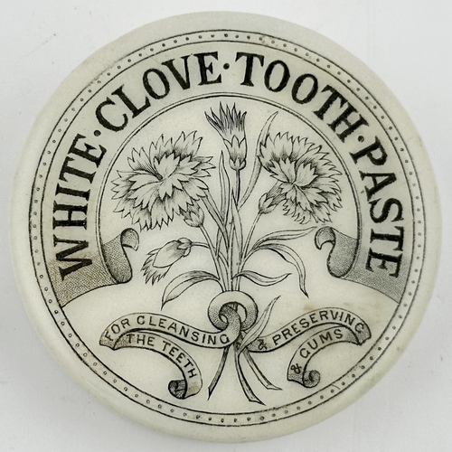 462 - WHITE CLOVE TOOTH PASTE POT LID. (APL p146, 67) 2.6ins diam. Light black transfer with WHITE CLOVE T... 